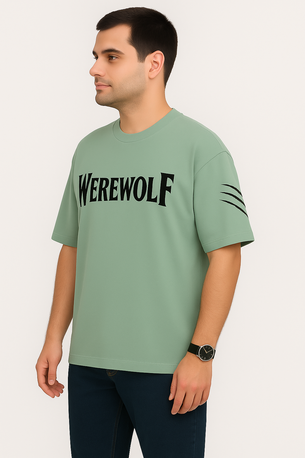Man wearing a zade green t-shirt with 'WEREWOLF' text on a white background